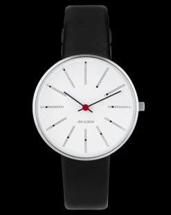 ARNE JACOBSEN BANKERS 34MM STÅL OG SORT LÆDER - 53101-1601