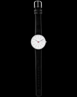 ARNE JACOBSEN BANKERS 34MM STÅL OG SORT LÆDER - 53101-1601