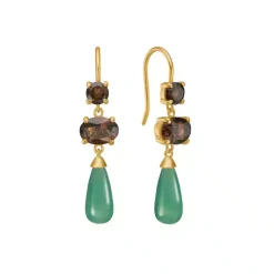 CARRÉ PASHA ØRERINGE SØLV FORGYLDT MED RØGKVARTS OG GRØN AGAT - FH 4375 ST-GR