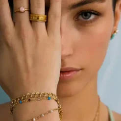 CARRÉ SØLV FORGYLDT ARMBÅND MED TURKIS, RØG KVARTS OG LABRADORIT - FB 4456 TQSTLB