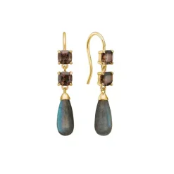 CARRE ØRERINGE SØLV FORGYLDT MED RØG KVARTS OG LABRADORIT - FH 4410 STSTLB