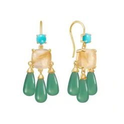 CARRE ØRERINGE SØLV FORGYLDT MED TURKIS, GRØN AGAT OG GYLDEN RUTIL KVARTS - FH 4409 TQGRTGR
