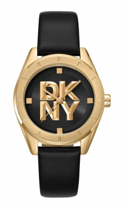 DKNY CHAMBERS MIDI UR DAME GULD FARVET MED SORT LÆDERREM - DK1L016L0025