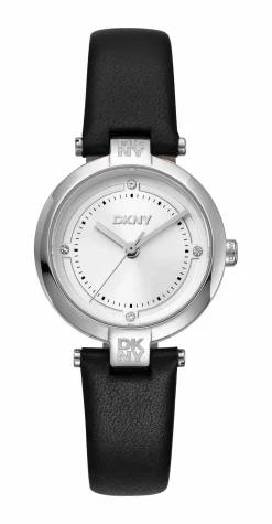 DKNY ESSENTIAL MINI UR DAME STÅL MED SORT LÆDERREM - DK1L043L0015