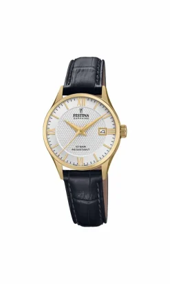 FESTINA SWISS MADE UR DAME GULD FARVET MED SORT LÆDERREM - F20011/1
