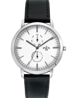 INEX HERRE UR STÅL DAG-DATO MED SORT LÆDERREM