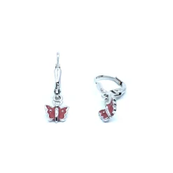 SØLV ØRERINGE HÆNGER BØJLE LUK MED LYSERØD EMALJE SOMMERFUGL