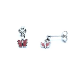 SØLV ØRERINGE HÆNGER STIK MED LYSERØD SOMMERFUGL