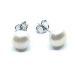SØLV ØRESTIK RHODINERET MED HVID KNAP FERSKVANDSPERLE 8 MM