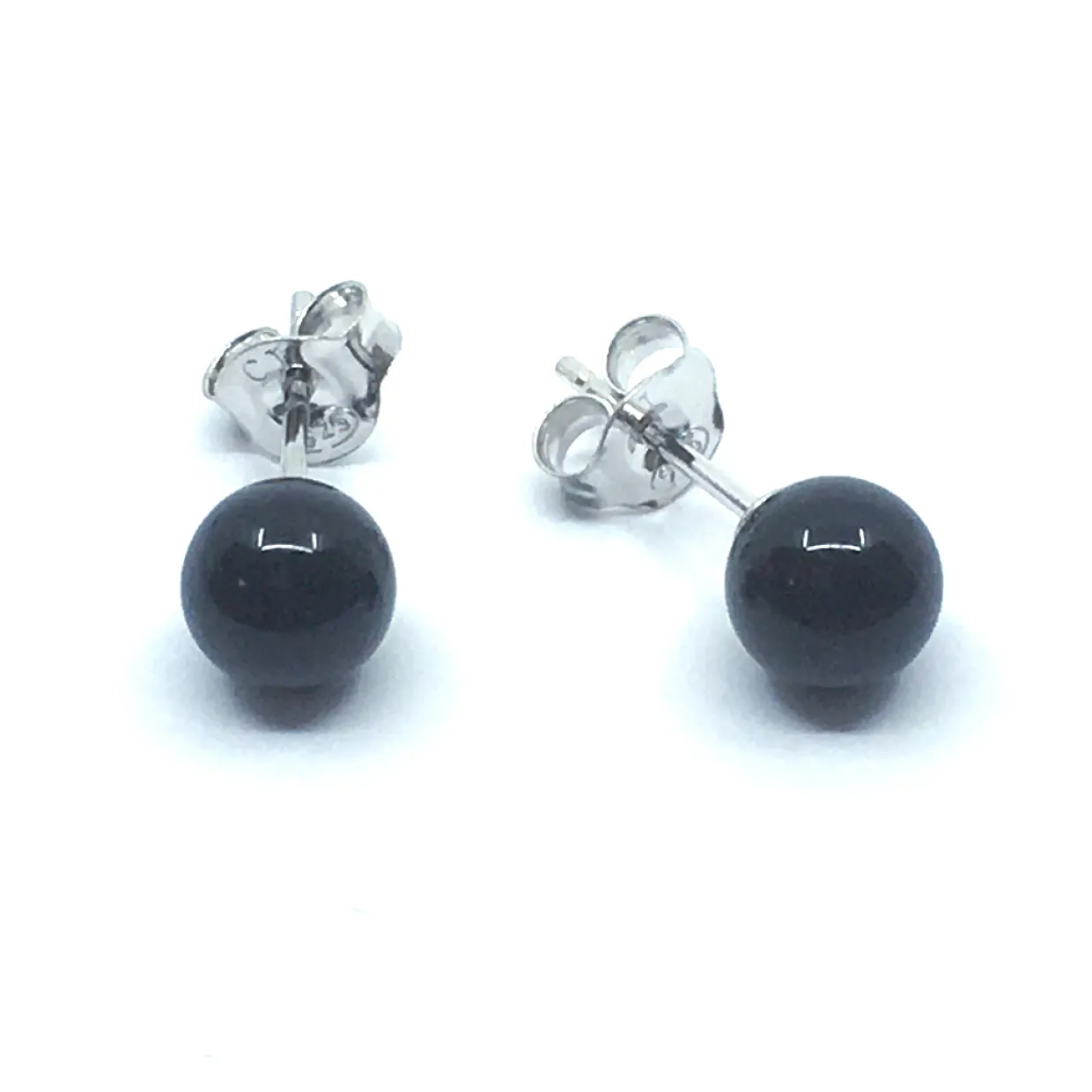 SØLV RHODINERET ØRESTIK MED RUND SORT ONYX 4 MM