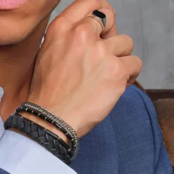 SON OF NOA HERREARBÅND SORT FLETTET LÆDER MED STÅL LÅS - 80970239119